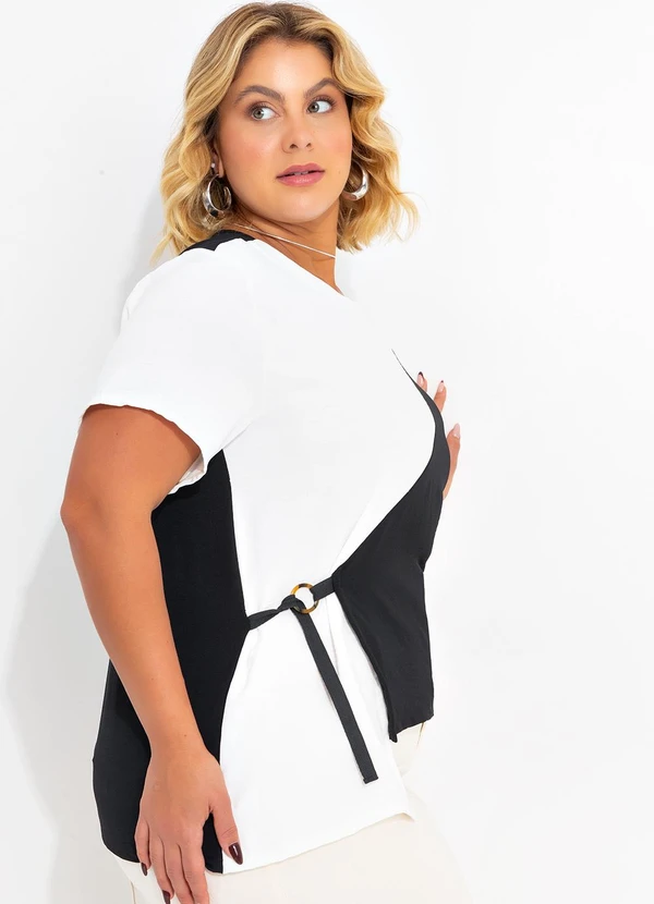 Marguerite - Blusa Preta e Off White em Crepe Plano 2