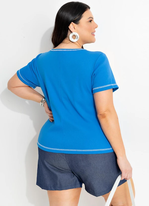Marguerite - Blusa Azul em Canelado com Botões 4