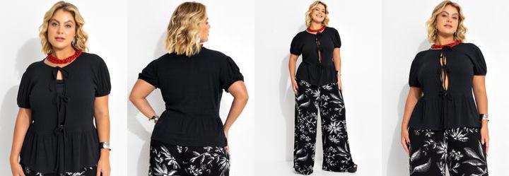 Blusa Preta em Malha Texturizada de Viscose