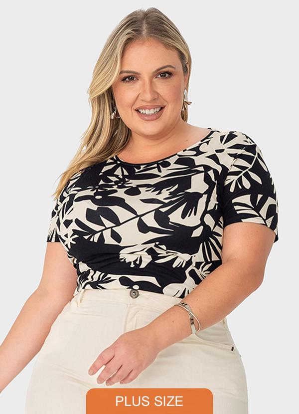 Malwee Plus - Blusa Preta Folhagens em Viscose