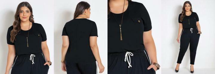 Blusa Preta Plus Size Manga Curta com Lapela