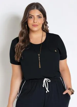 Marguerite - Blusa Preta Plus Size Manga Curta com Lapela - MARGUERITE