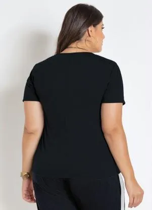 Marguerite - Blusa Preta Plus Size Manga Curta com Lapela - MARGUERITE