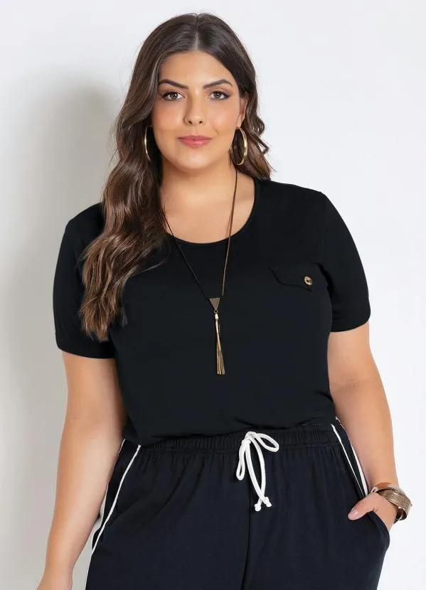 Marguerite - Blusa Preta Plus Size Manga Curta com Lapela