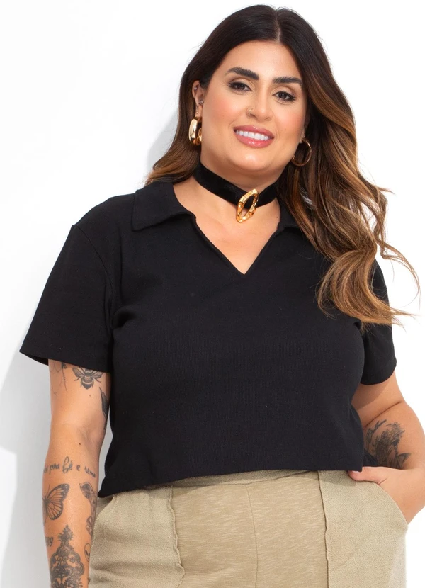 Marguerite - Blusa Preta Pólo em Canelado