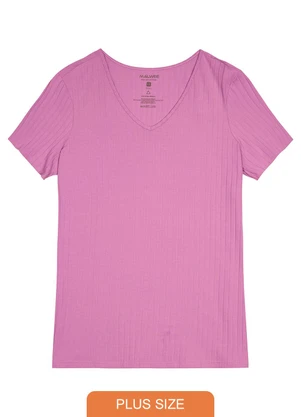 Malwee Plus - Blusa Rosa Canelada Decote V Feminino - MALWEE PLUS