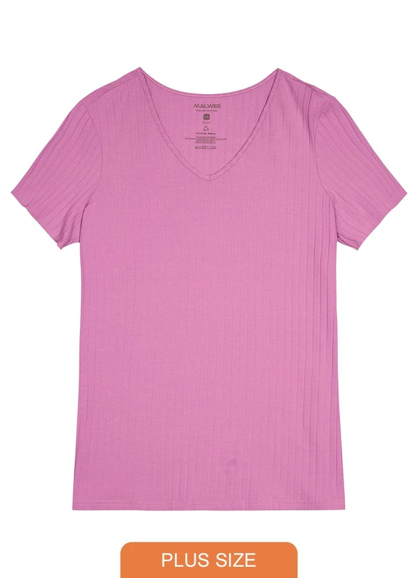 Malwee Plus - Blusa Rosa Canelada Decote V Feminino