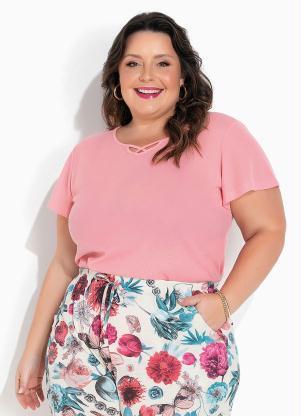 Blusa (Rosa) com Decote em Tiras Plus Size