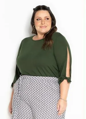 Marguerite - Blusa Verde com Amarração nas Mangas Plus Size - MARGUERITE