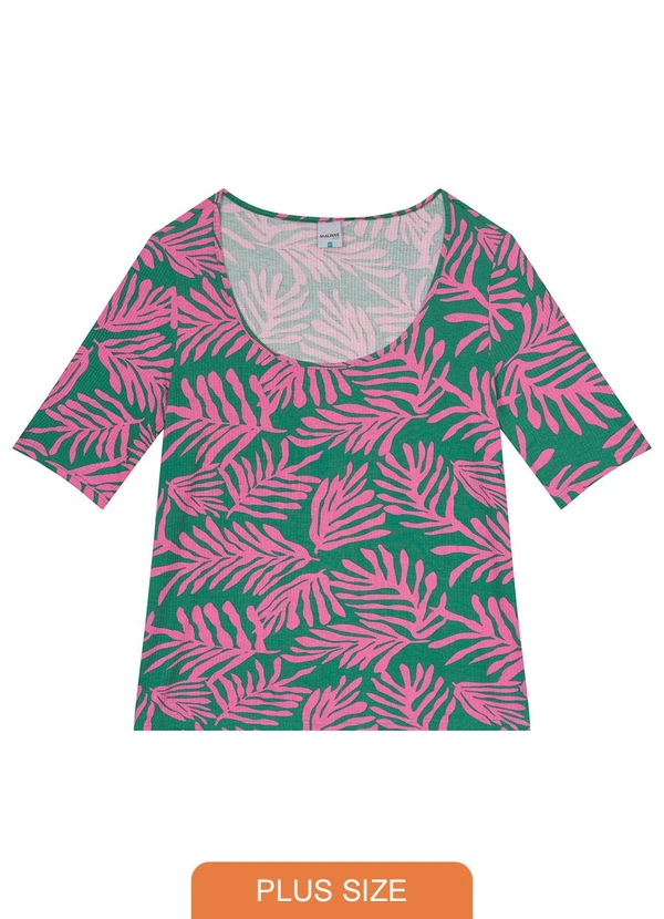 Malwee Plus - Blusa Verde Justa Tropical em Malha Canelada