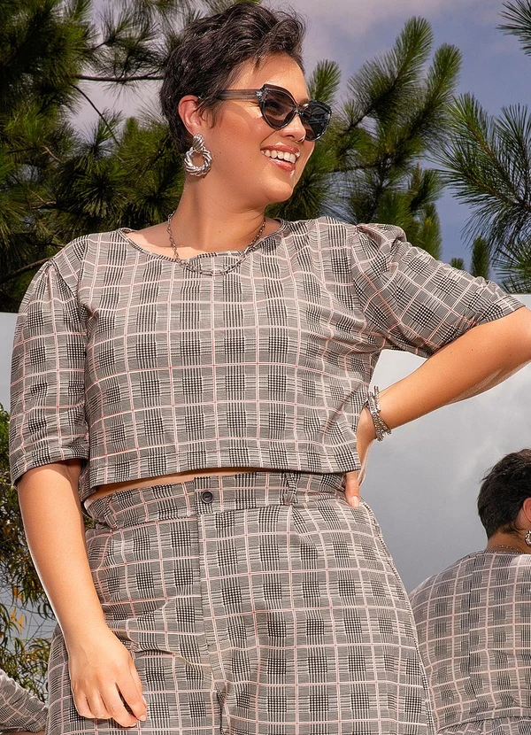 Blusa Xadrez em Malha Denim Marguerite