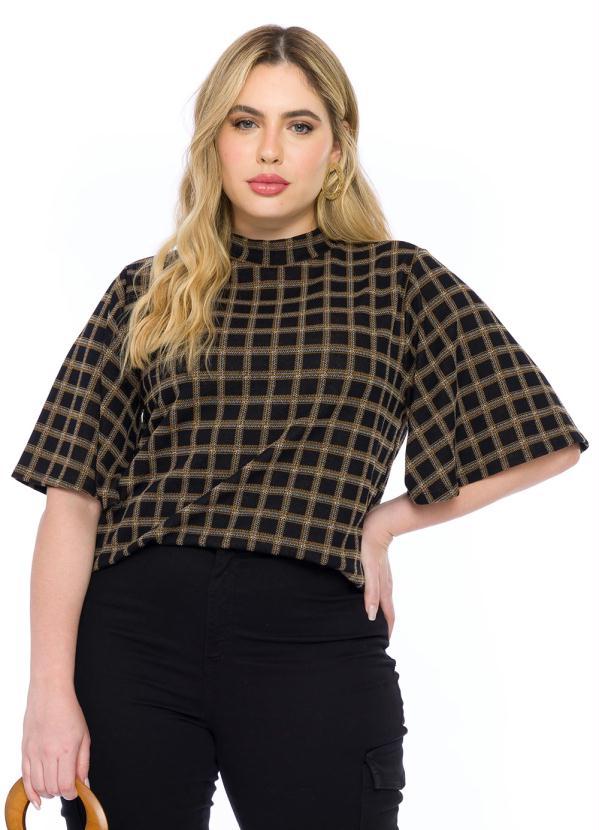 Lisamour - Blusa Xadrez Manga Sino Preto