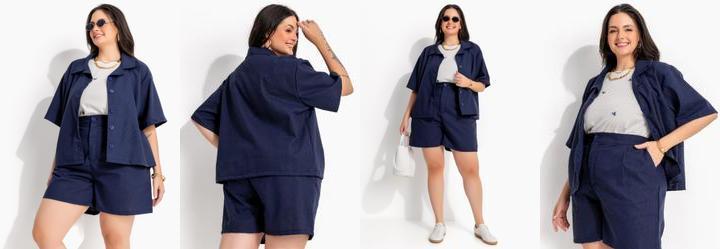 Camisa Marinho de Bot�o em Tecido com Linho