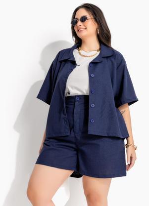 Camisa Marinho de Bot�o em Tecido com Linho