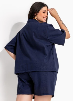 Marguerite - Camisa Marinho de Botão em Tecido com Linho - MARGUERITE
