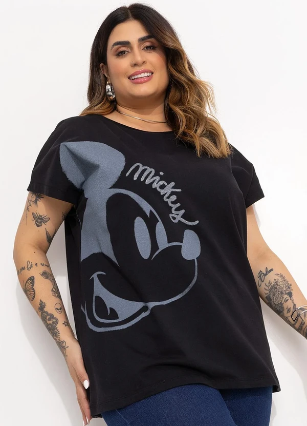 Disney - Camiseta Preto em Malha de Algodão Penteado