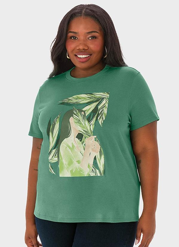 Malwee - Camiseta Verde Feminina Básica Folhagens