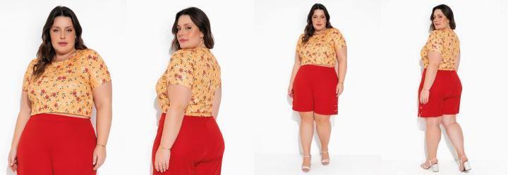 Cropped Floral Amarelo com Mangas Plus Size