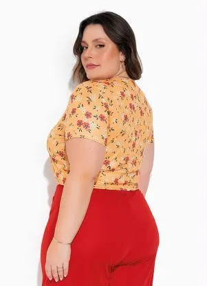Marguerite - Cropped Floral Amarelo com Mangas Plus Size - MARGUERITE