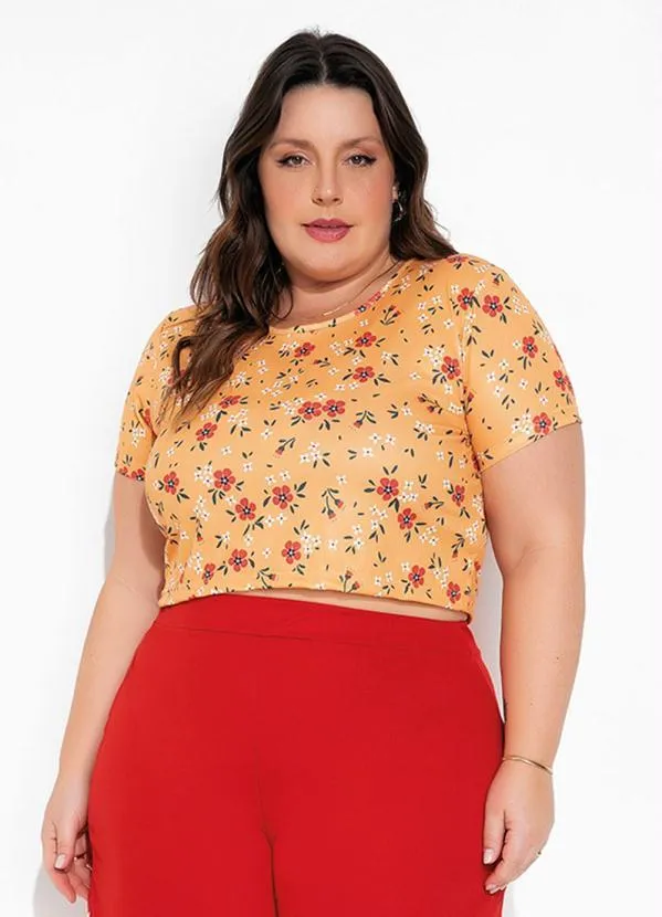 Marguerite - Cropped Floral Amarelo com Mangas Plus Size
