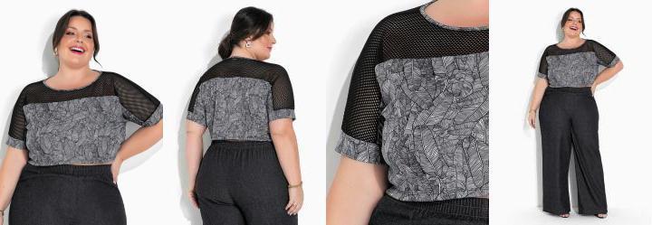 Cropped Folhas Preta com Transparncia Plus Size