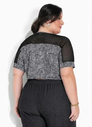 Marguerite - Cropped Folhas Preta com Transparência Plus Size - MARGUERITE