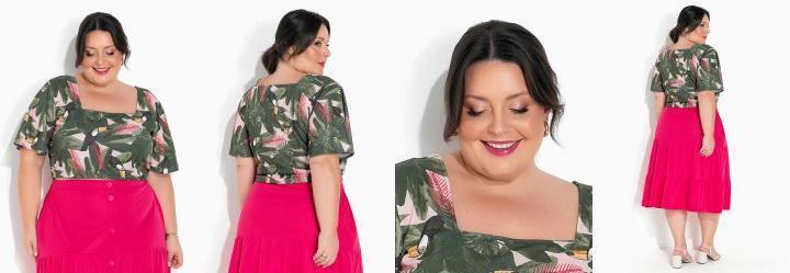 Cropped Folhas Verde com Mangas Amplas Plus Size
