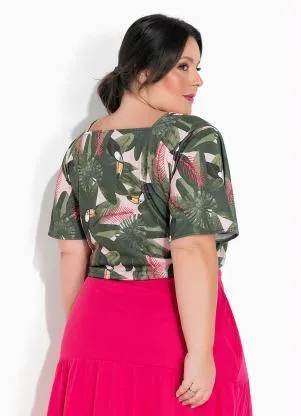 Marguerite - Cropped Folhas Verde com Mangas Amplas Plus Size - MARGUERITE