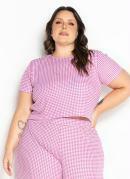 Cropped Xadrez Rosa com Mangas Plus Size