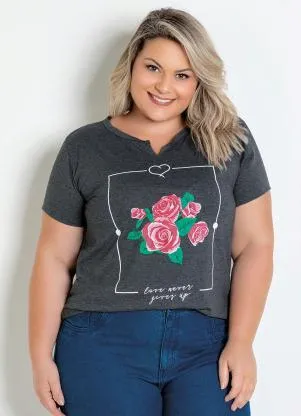 Marguerite - T-Shirt Mescla Chumbo com Estampa Floral - MARGUERITE