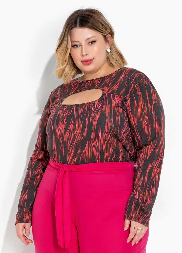 Marguerite - Blusa Abstrata Preta Recorte Vazado Plus Size