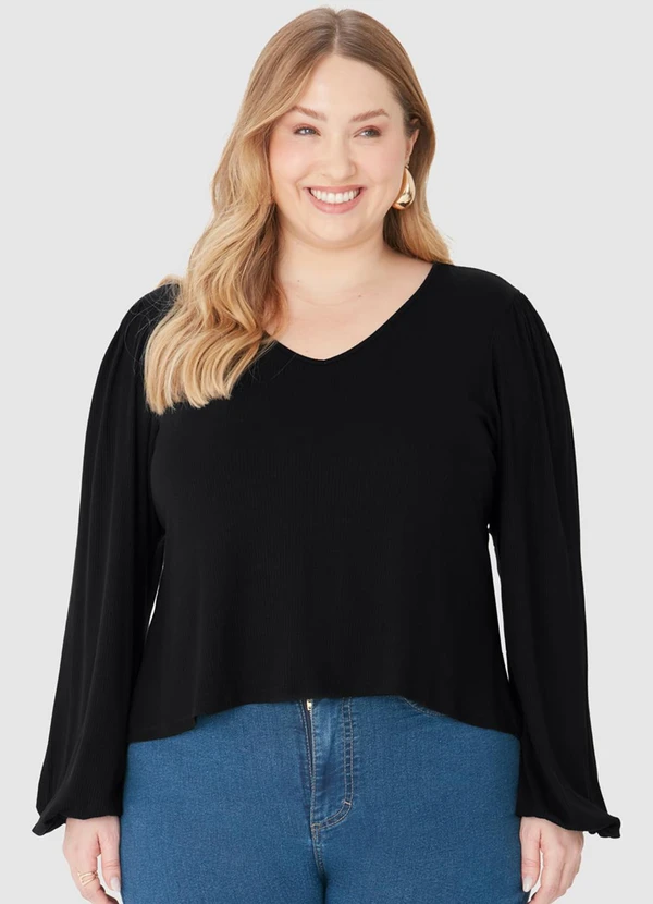 Malwee - Blusa Ampla Canelada Plus Preto