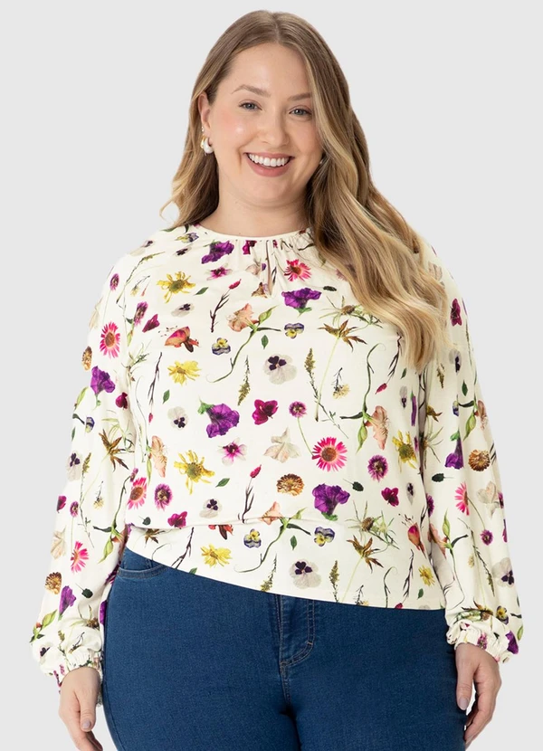 Malwee - Blusa Ampla Floral em Viscolinho Bege
