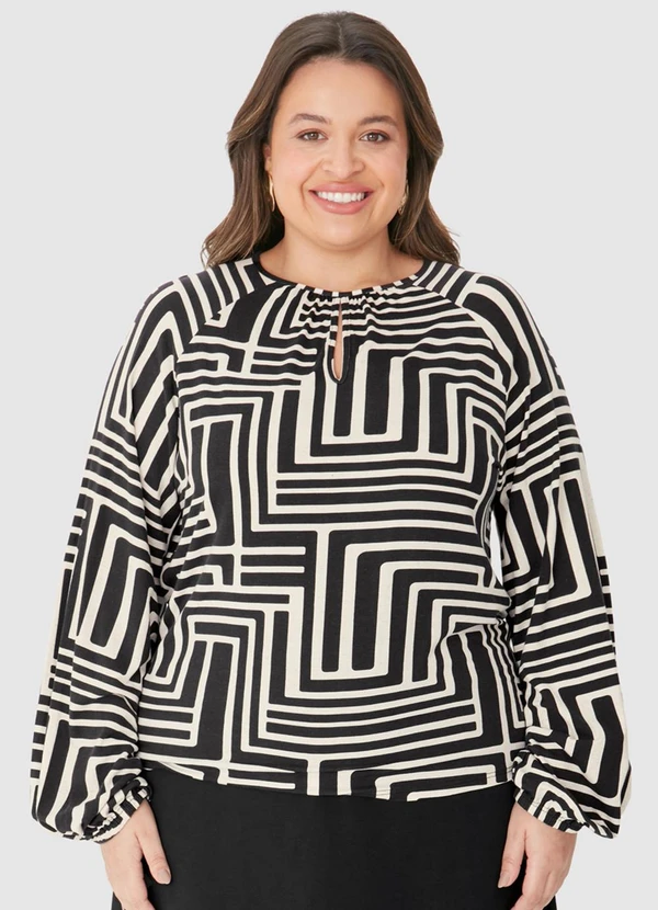 Malwee - Blusa Ampla Geométrica em Viscolinho Preto