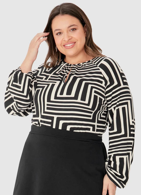 Malwee - Blusa Ampla Geométrica em Viscolinho Preto 4