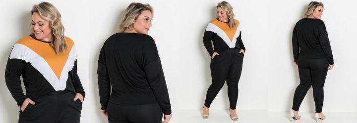 Blusa Ampla Manga Longa Preta Plus Size