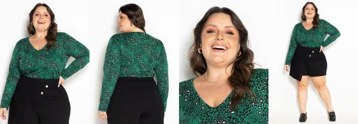 Blusa Animal Print Verde com Decote V Plus Size