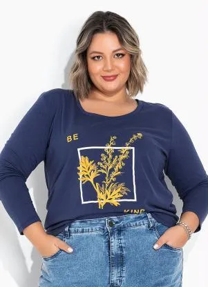 Marguerite - Blusa Azul com Estampa Localizada Plus Size - MARGUERITE