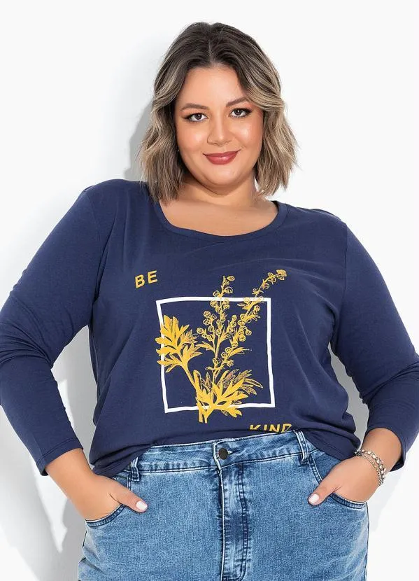 Marguerite - Blusa Azul com Estampa Localizada Plus Size