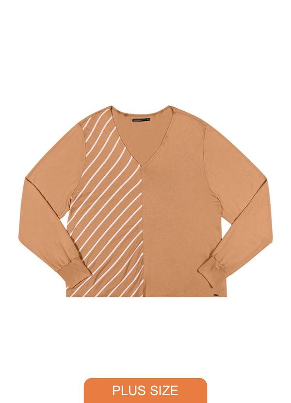 Rezzato - Blusa Bicolor Listrada Plus Size Feminino Marrom