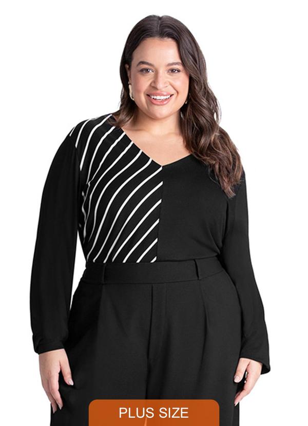 Rezzato - Blusa Bicolor Listrada Plus Size Feminino Preto