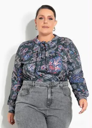 Marguerite - Blusa Cashmere Verde com Gola Laço Plus Size - MARGUERITE