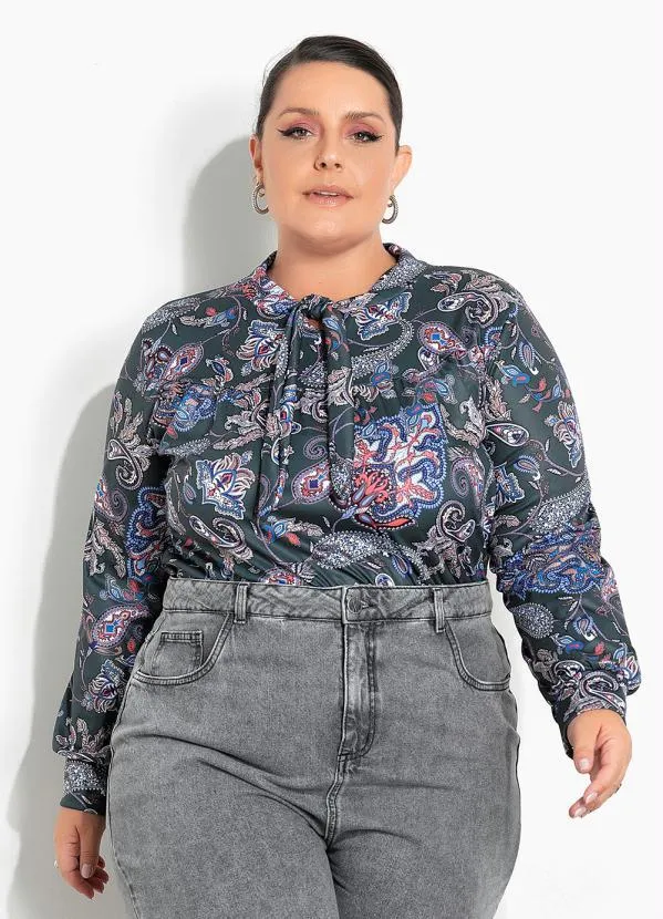 Marguerite - Blusa Cashmere Verde com Gola Laço Plus Size