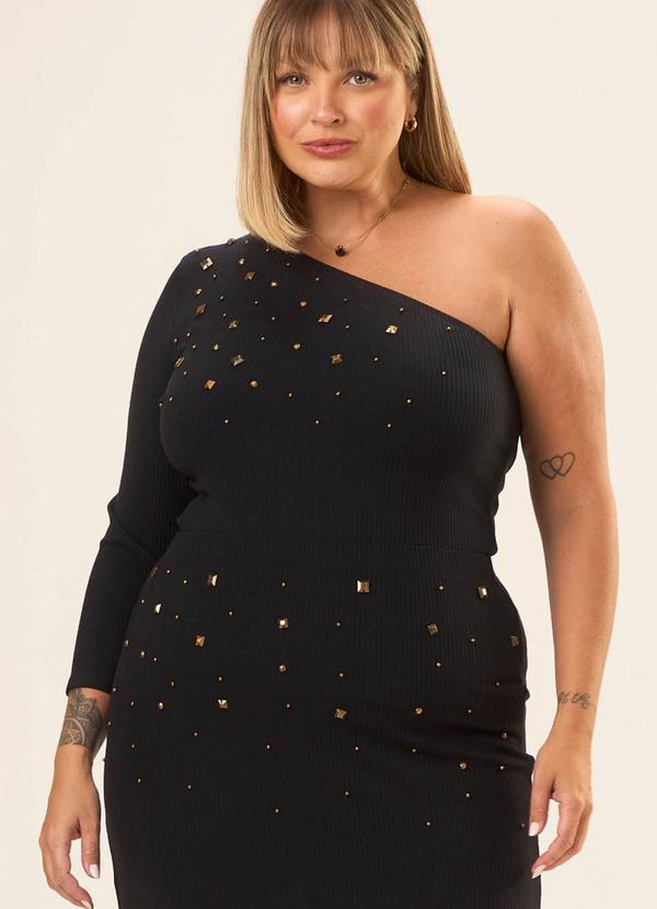 Cess - Blusa de um Ombro Manga 7/8 com Apliques Preto 2