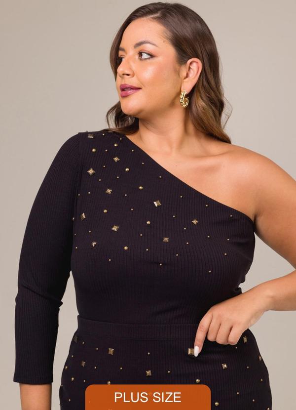 Cess - Blusa de um Ombro Manga 7/8 com Apliques Preto 3