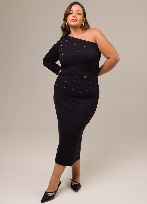 Cess - Blusa de um Ombro Manga 7/8 com Apliques Preto 5