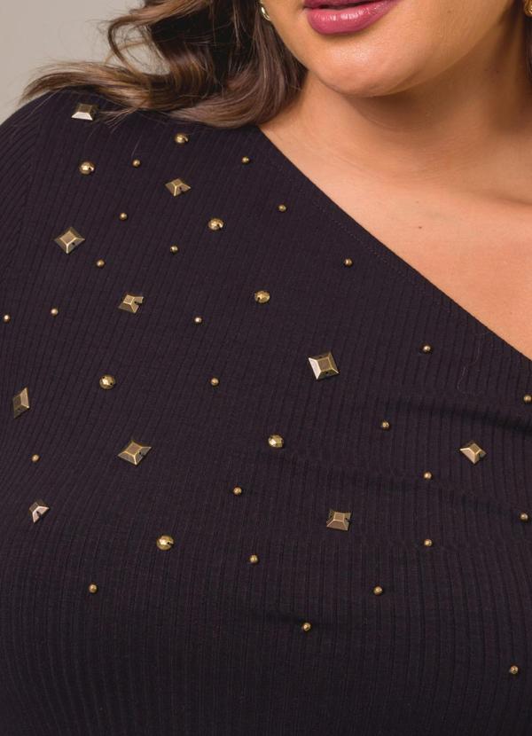 Cess - Blusa de um Ombro Manga 7/8 com Apliques Preto 7