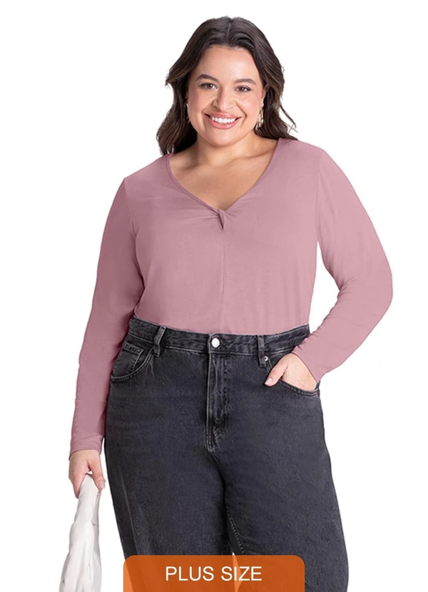 Outlet - Blusa Decote Torcido Plus Size Feminino Rosa 