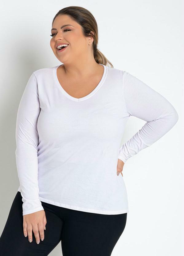 Blusa Decote V (Branca) Plus Size Manga Longa