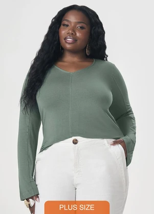 Lisamour - Blusa Decote V de Manga Longa Verde - LISAMOUR